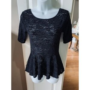 Free People Black Lacey Peplum Short‎ Sleeve Top XS